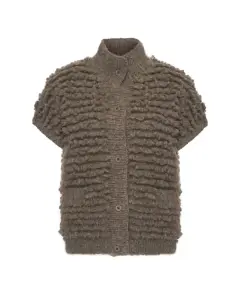 Taupebruine Inti Knitwear cardigan Flavia van baby alpacawol met korte mouwen, knopen en lusstructuur.