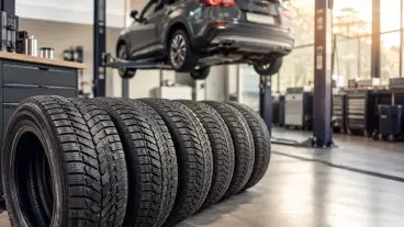 Winterbanden klaar voor montage in de werkplaats van Auto Danenberg