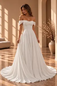 A-lijn trouwjurk Amalia met off-shoulder halslijn, corset en volle rok met lange sleep