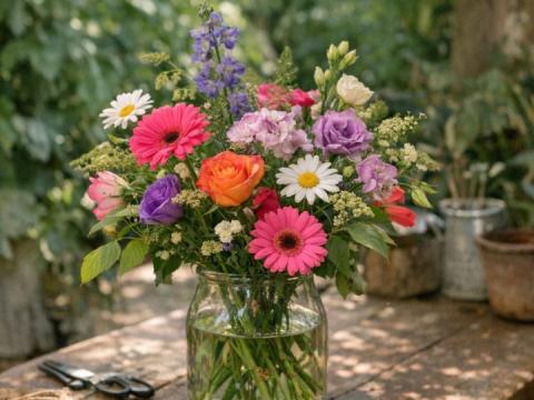 Een kleurrijk boeket snijbloemen in een vaas, geplaatst op een zonnige tafel, met een achtergrond van groene bladeren.