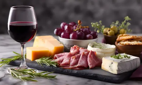 Een snijplank belegd met kaas, druiven, ham en een glas wijn.