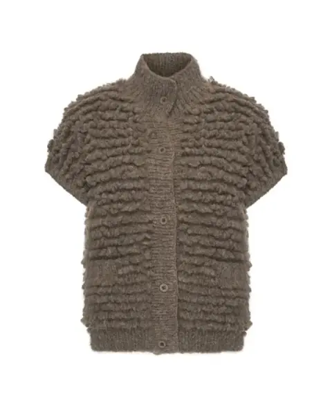 Taupebruine Inti Knitwear cardigan Flavia van baby alpacawol met korte mouwen, knopen en lusstructuur.