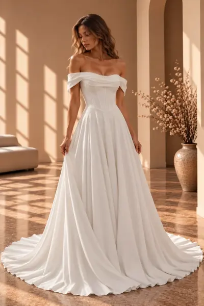 A-lijn trouwjurk Amalia met off-shoulder halslijn, corset en volle rok met lange sleep