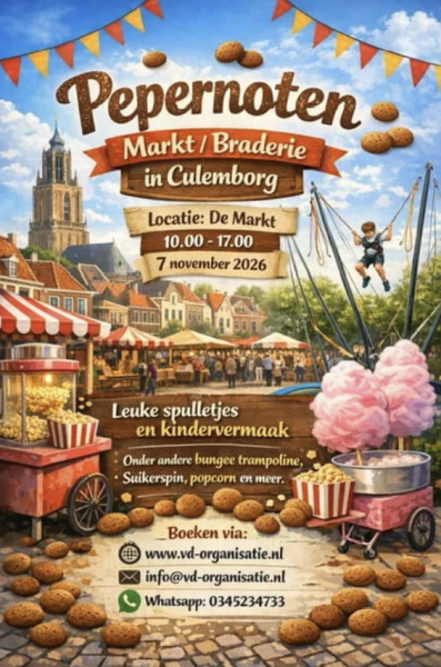 Pepernotenmarkt in Culemborg op 7 november 2026 – braderie en kindervertier op de Markt