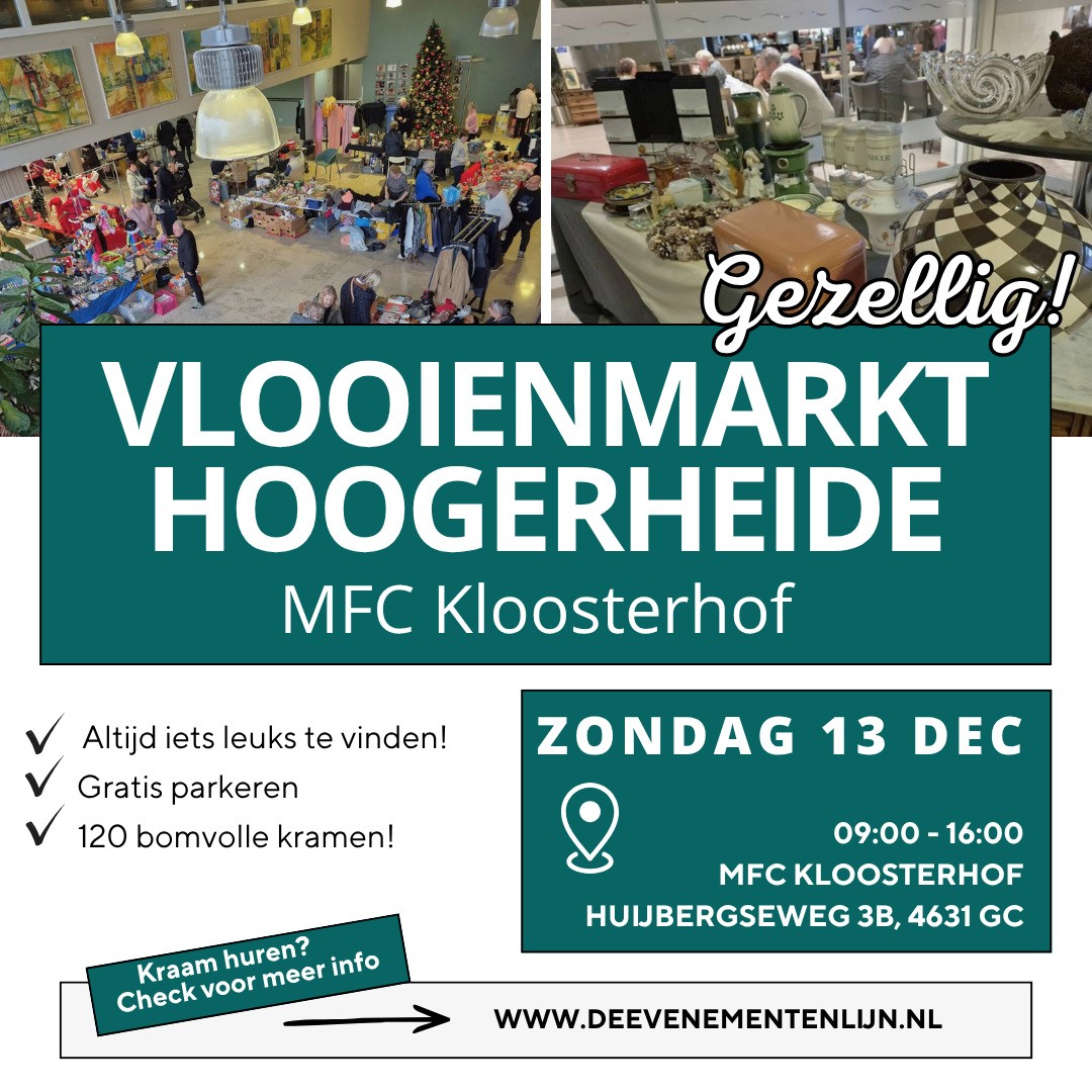 Binnenmarkt in MFC Kloosterhof Hoogerheide op zondag 13 december 2026, entree € 3